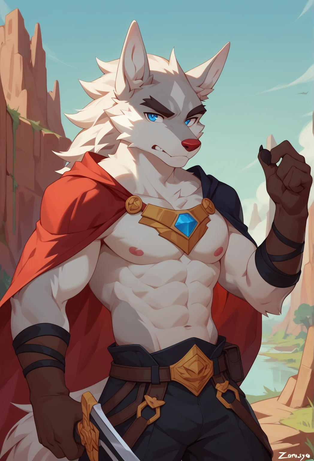 Solo, male, albino kangaroo, in one color tone, with long ears, roman themed, in shoulder cape, navel showing, in fancy thong, chest, big chest view, ((focus body, furry focus, shades focus, body shades)) (((gray background, gray wallpaper, one color))), by darkgem, by mystikfox61, by glitter trap boy, albino, all white fur, red eyes, pink nose, navel, bulge, full body view, kangaroo tail