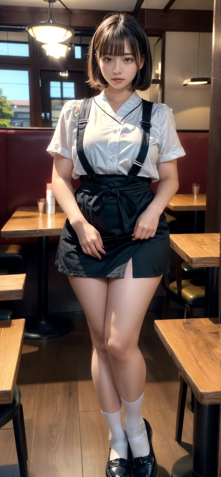 Mature woman in uniform,50 years old、Wine red beret、 Tight Skirt、Wine red vest、White shirt,Place your hands behind your head to expose your armpits、Face forward and squat on the floor with your legs slightly apart.、The face has a serious expression、Inside the Japanese sweets shop、Short Bob Cut、Black Hair、ｃcup、Feminine, slim, exposed thighs、Wearing flesh-colored stockings