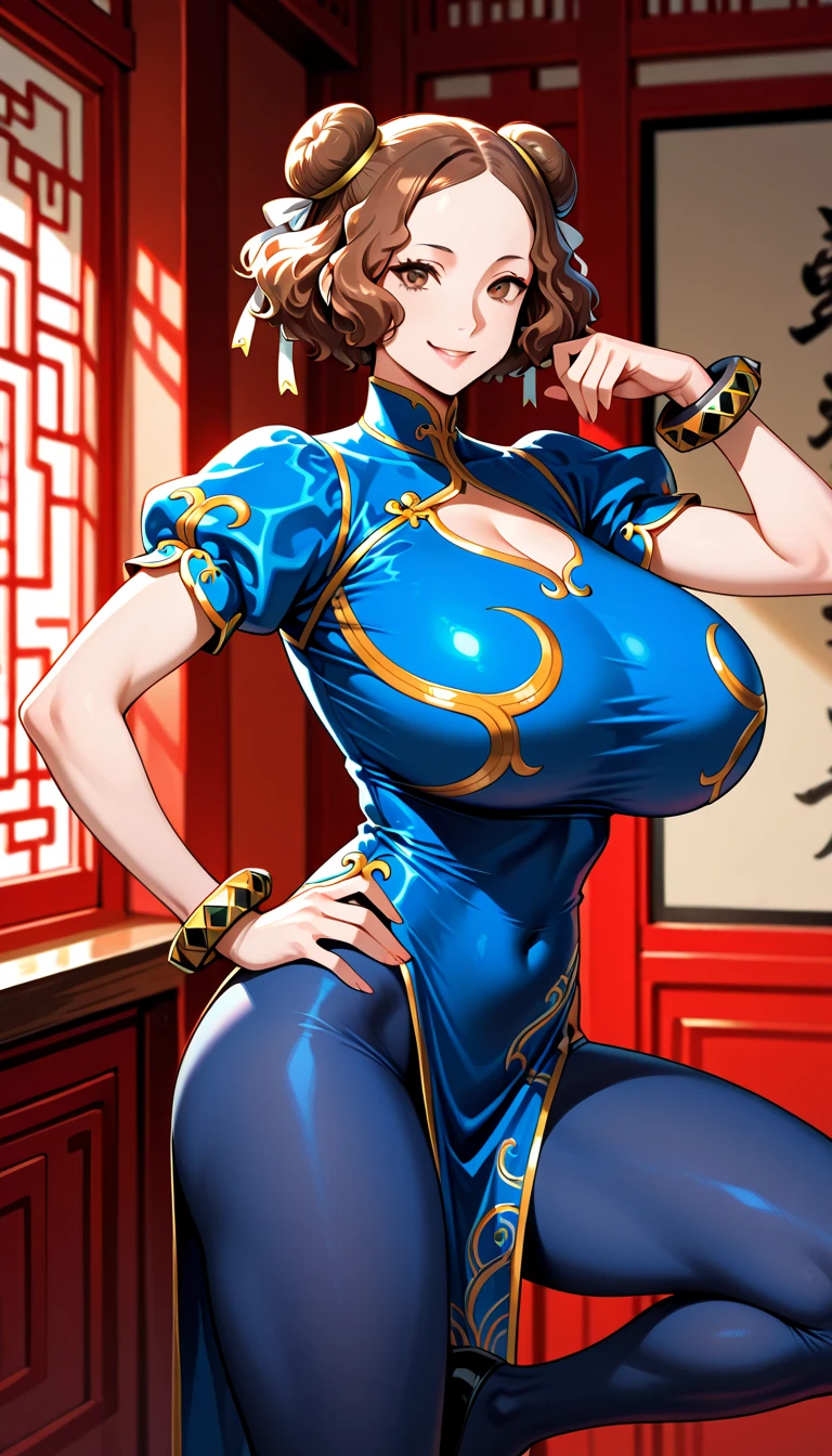 Chun li, chun li battle dress, (((mature woman))), mature mom, milf, cowboy shot, big full lips, colored makeup, beautiful eyelashes, ((bimbo))), bimbo face, ((massive gigantic enormous ample saggy hanging natural breasts)), full breasts, pointy breasts, breasts gap, heavy breasts, slushy breasts, slim waist, wide hips, thick thighs, huge ass, full body, sexy, seductive, alluring, blush face, ((detailed background)), ((intricate complex fine details)), ((ornate details)), ((beautifully detailed outfit)), ultra-detailed face, perfect face, beautiful mature woman face, perfect eyes, perfect anatomy, (((extremely accurately detailed hands and fingers))), detailed, ((cinematic lighting))