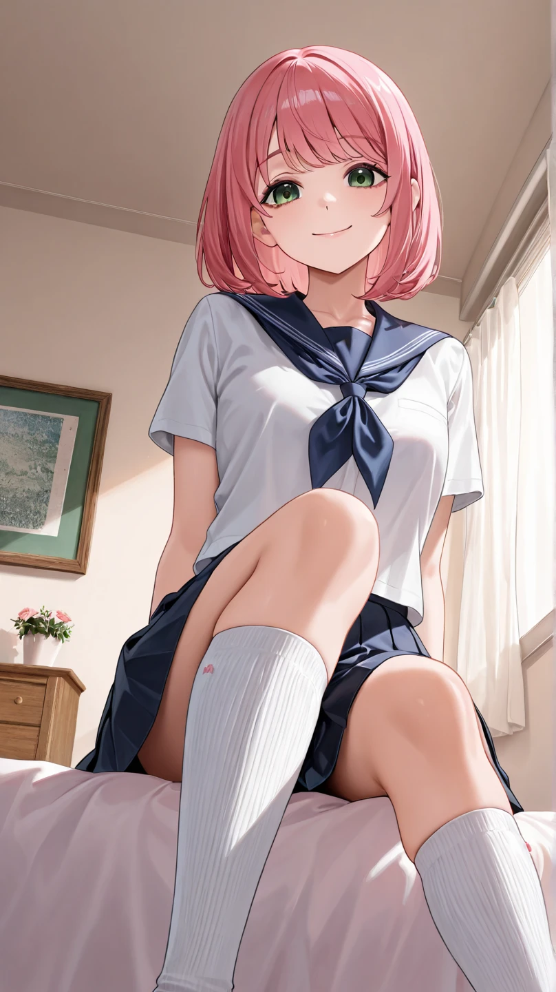 (1 girl),(Best Picture Quality, 8K, Masterpiece:1.3), (high school student:1.5), ((pink lob hair:1.1)), (bob cut),(swept bangs), (cute eyes, pupil black, iris skyblue, youthful face), (mole under right eye), (standard weight), (small breasts), (glistening skin:1.1),(pale skin:1.2),((sleeveless shirt)),(Smile),((fog skin:1.1)),(on one knee),(pussy juice stain panties),