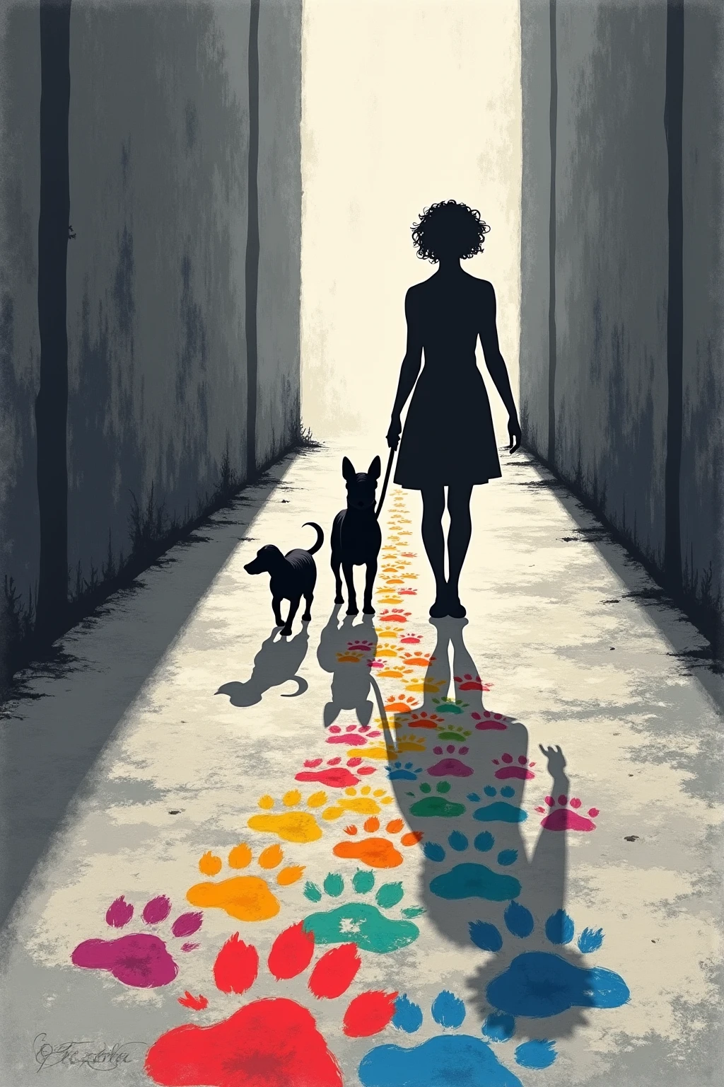 Prompt (Englisch):
A touching street art mural in the style of Banksy, with a muted, grayscale urban background and rough stencil textures. In the center, a shadowy silhouette of a woman with short, curly hair walks down a narrow path, accompanied by two shadow dogs – one small, one large. Their outlines are clean and minimalist. The ground beneath them is covered in a trail of colorful paw prints, bursting in vibrant, painterly patterns inspired by Monet and Hundertwasser – swirling blues, fiery oranges, soft pinks, grassy greens, and bold purples. The paw prints form a flowing path of warmth and memory through an otherwise bleak cityscape, symbolizing the joy, connection, and lasting impression left behind. A quiet celebration of friendship and new beginnings.
---
Negative Prompt:
No photo-realism, no ren, no cartoon style, no futuristic themes, no happy-sunshine scenery, no messy layouts, no overly digital effects, no sci-fi, no bright graffiti text, no animals without symbolic meaning.