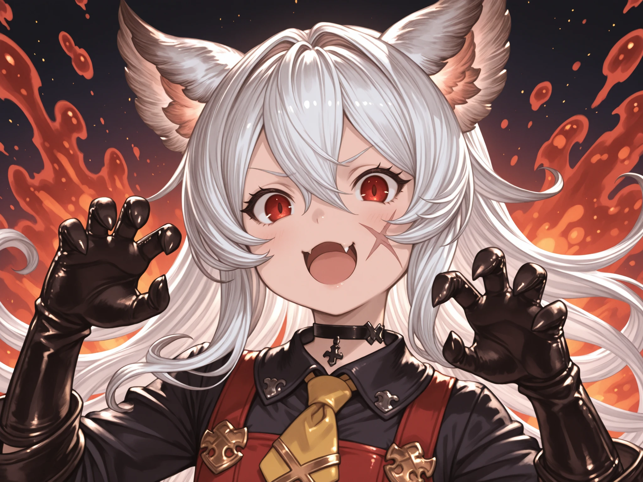 1girl, White hair,Long Hair, Hair Between Eyes,Cat Ears, Red Eyes,flat chest,Red Pinafore Dress,Black Inner Shirt,Yellow Necktie,black neck choker, X shaped Scar on right cheek,sharp Eyes, left fang,Black gloves,Granblue Fantasy Splash Art style,