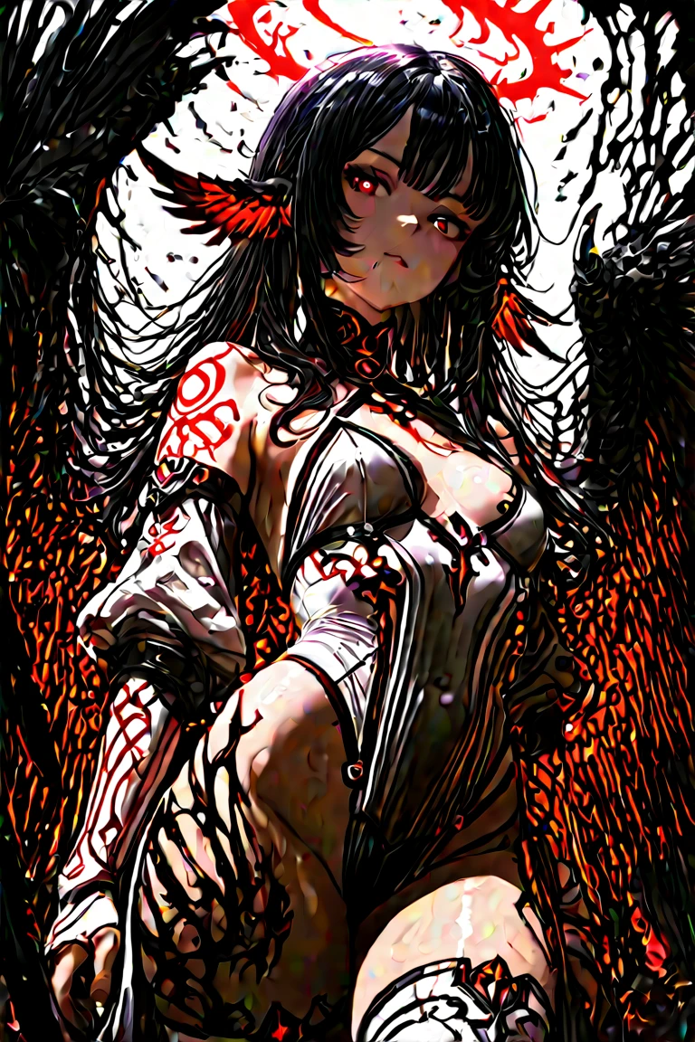 Flamme, Lena Headey:Evangeline Lilly, A 26-year-old woman with black hair, red eyes, sideburns, one large braid, a gold necklace with a ruby pendant, no dressed, Roman sandals, with gold bracelets on her arms,enormous breast, forest in the background, masterpiece, hyperdetailed, 4k.