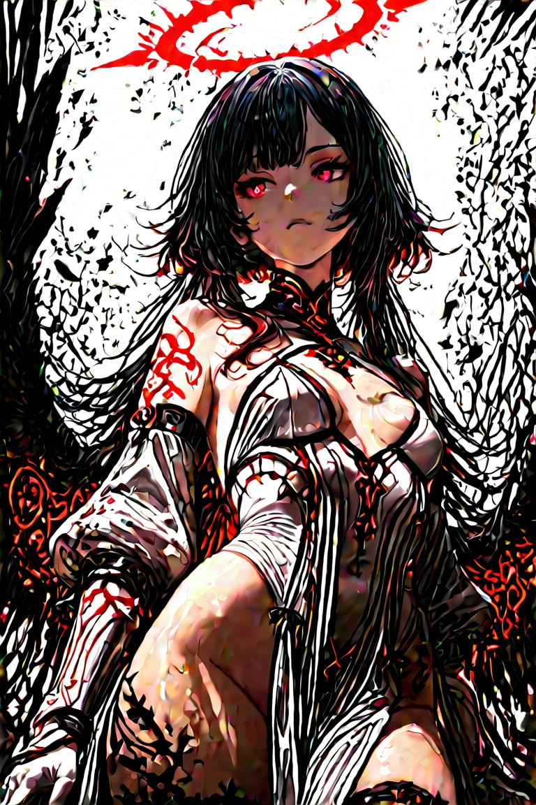 1girl, (solo), short curly hair, golden hair, small breasts, light blue eyes, small size, fair skin, perverted face, red cheeks, fangs, (naked), full body, (covered in blood:1.2), standing, (night), blood moon, medieval town, town behind (very sexy body, detailed face, masterpiece, highly detailed, 8k, best quality, vibrant colors, digital art, concept art)