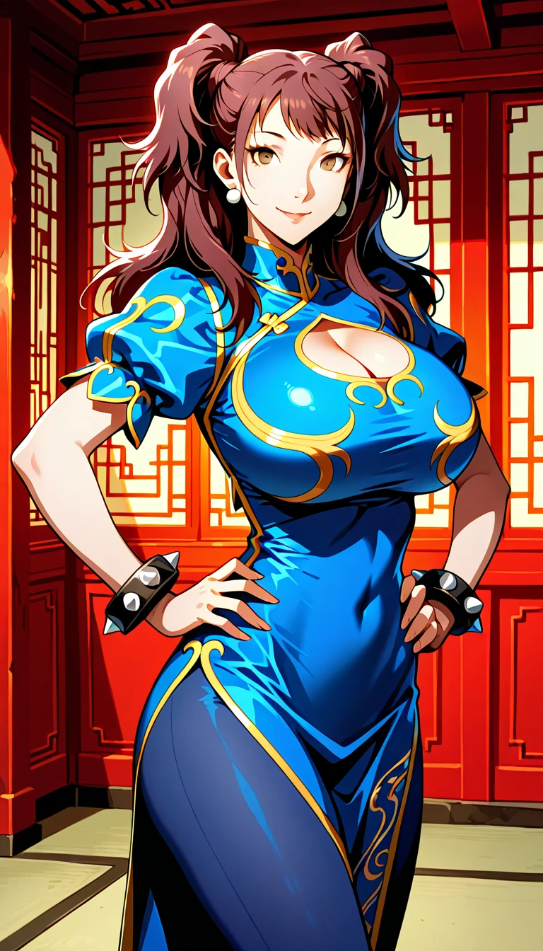 A mature woman with short lustrous azure hair, sporting a sleek and fashionable hairstyle, slightly lowered eyelids emanate a wild aura, her stern yet captivating face carries a disdainful smile, she boasts a slender and elegant figure, a fantasy martial arts-inspired multi-layered folded long dress, the low neckline showcases her impressive cleavage, flowing wide sleeves, long skirt, dark blue as the main color, complemented by orange-yellow accents, the scene is set in a bustling fantasy-style tavern, this character embodies a finely crafted fantasy wuxia-style female warrior in anime style, exquisite and mature manga art style, high definition, best quality, highres, ultra-detailed, ultra-fine painting, extremely delicate, professional, anatomically correct, symmetrical face, extremely detailed eyes and face, high quality eyes, creativity, RAW photo, UHD, 32k, Natural light, cinematic lighting, masterpiece-anatomy-perfect, masterpiece:1.5