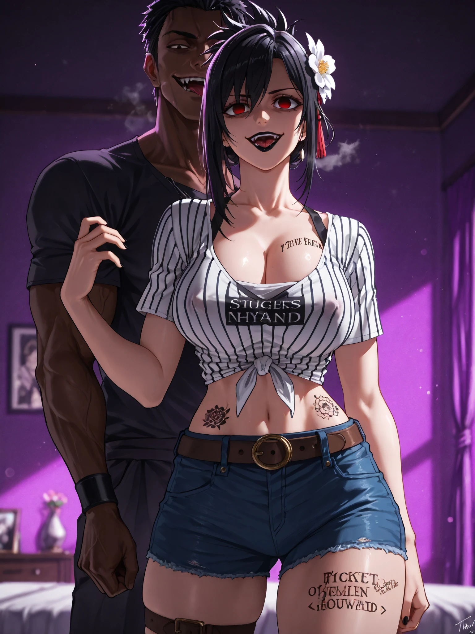 source_anime, rating_????????, score_9, score_8_up, score_7_up, black_hair, goth, gothic, short_hair, looking at viewer, crop top, skirt, thighhighs, black clotges, goth girl, ikuchan, 2boys, mmf, standing side by side, faceless male, ), muscular male, ((size difference)), clothed, gyaru fashion, breast grab, cuckold pov, ((netorare)), ntr, ????, cuckolding
