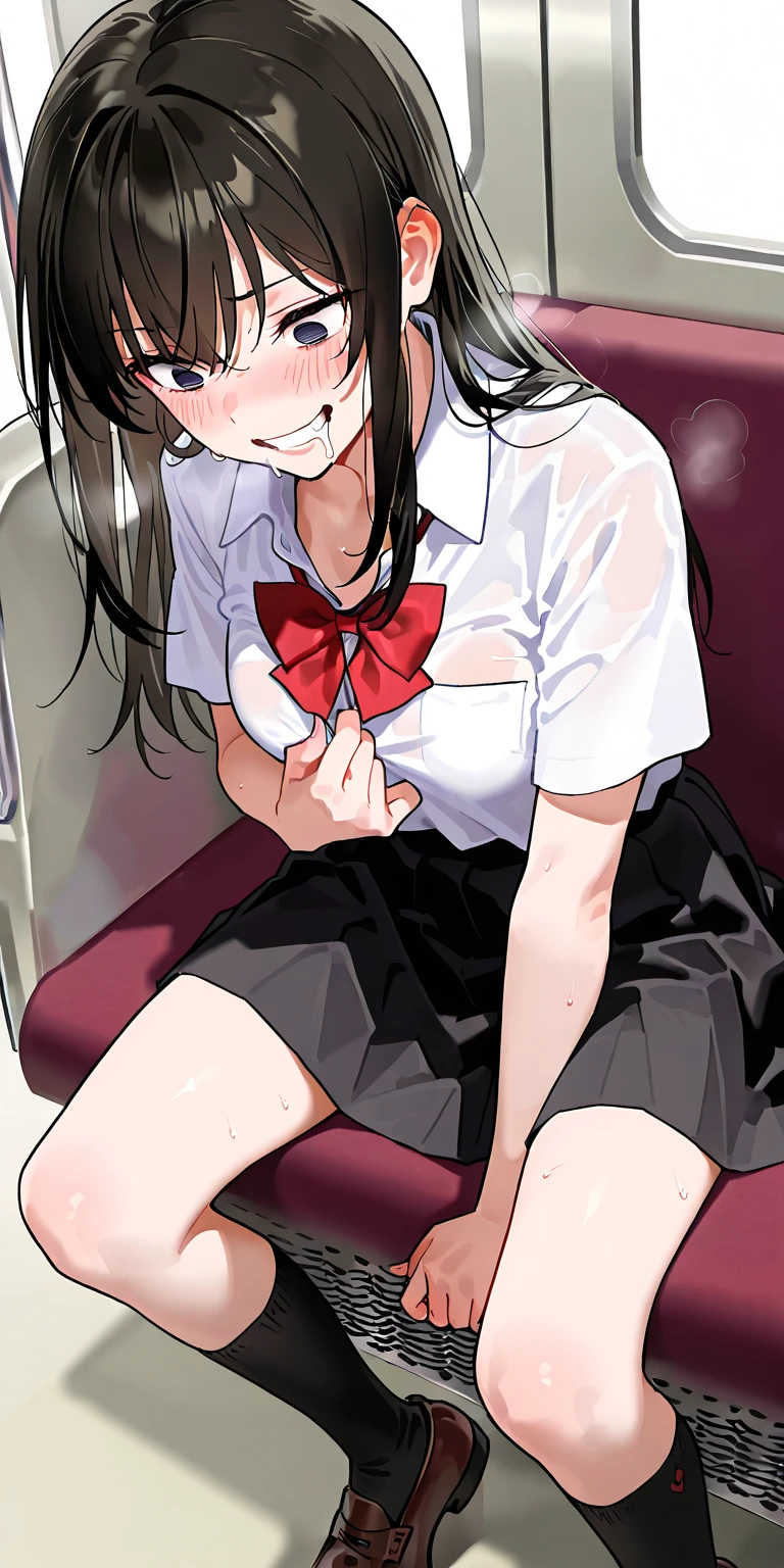 Ultra-thin illustration, Perfect Anatomy, Highest quality, employment, Great shade, Beautiful Skin, 1 , Red nose, saliva, Ecstasy, close your eyes, ,School uniforms , whole body, Sex, Yoru, Touching the groin, (Rubbing the crotch with your hands:1.2),on the train,, Provocative pose,