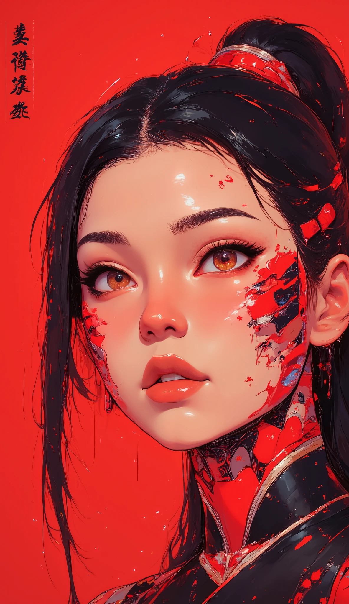 (face close-up:1.1), Mulan, trends, modern , red background, black and white fluorescent colors, Flat style, minimalism, flat illustration, Tsuruta Ichiro style,