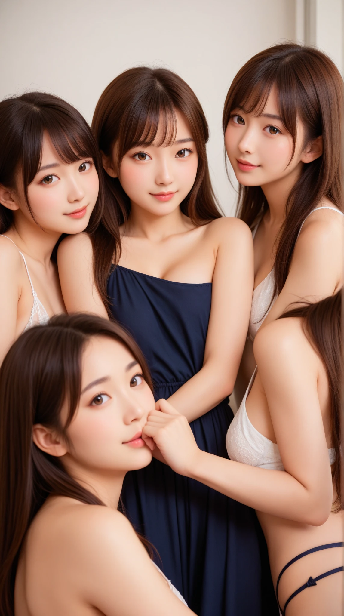 masterpiece, Better Quality, hight resolution, ((Photorealsitic:1.4, Raw photography, 超A high resolution,Top image quality: 1.4)), ((full body1.5)), Beautiful detailed eyes, Natural Color Lip, ((A big smile:1.5)), ((Random and cute curly hair)), ((Random Big 1.2)), barechested、nudde、fullnude、Colossal tits、tits out、barechested、Full body view、((peer in from below)), ((bedroom)), ((Random and cute facial expressions)),, ((4 girls、Four people standing side by side:1.5)) very detailed and professional lighting、 ((Random and cute facial expressions:1.5))、Idol、AKB48