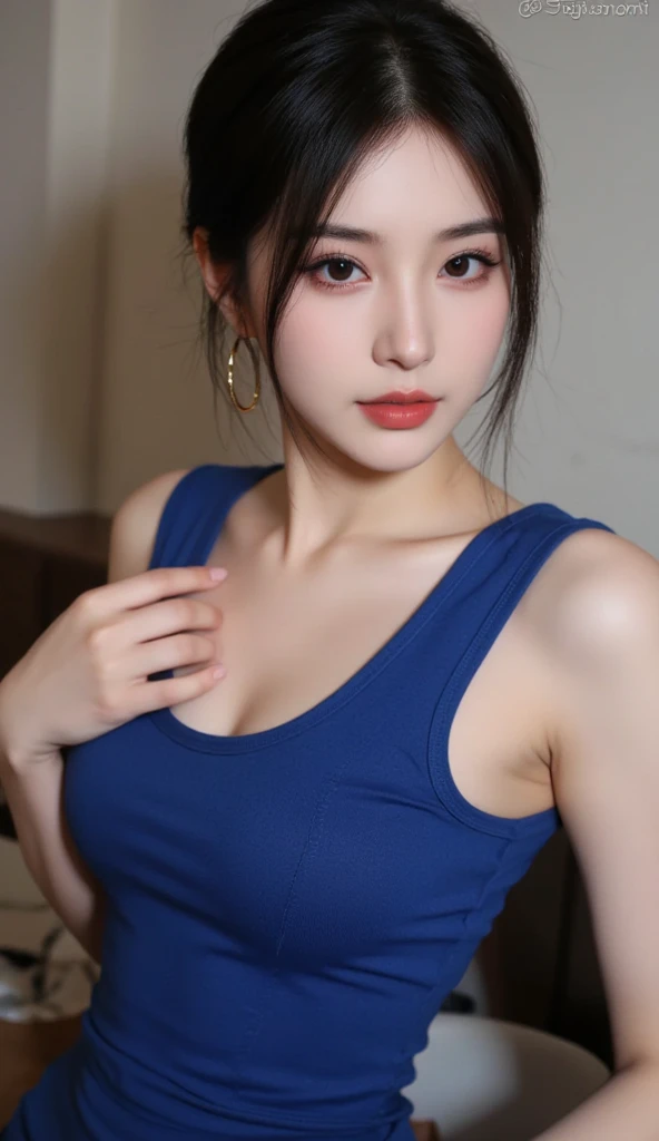 1girl,1man,(tareme:1.5),(beautiful face),huge breasts,(cute japanese idol),light makeup,happy,straight hair,sweaty,(look at viewer),tanktop