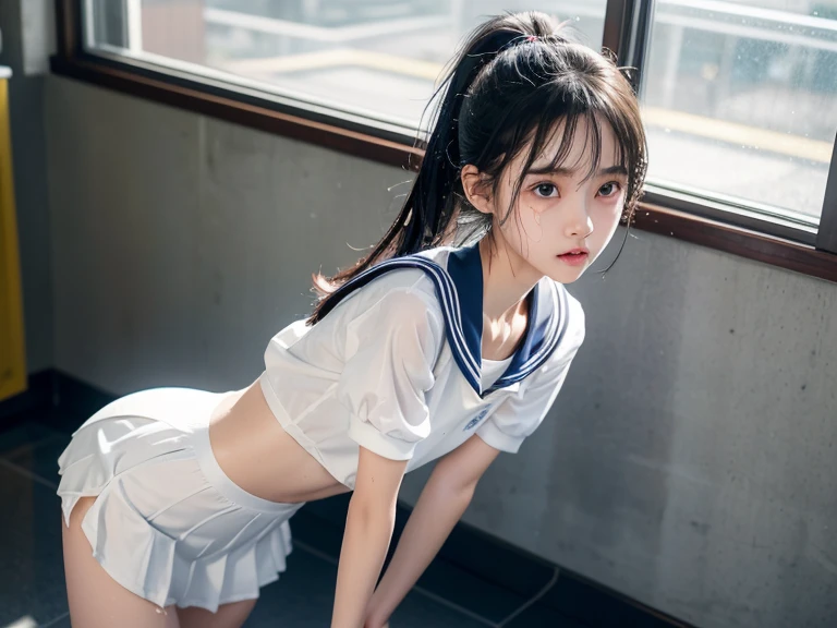 masterpiece, best quality, cinematic, photorealistic, ultra-detailed), (1girl, female Japanese student), (wide shot, from the front:1.4), (wearing a Traditional seifuku with a navy blue skirt and white blouse:1.5), (natural black hair, high ponytail tied with a simple ribbon:1.2), perfect hands, perfect face, (tall height, wide hips, long round legs, sexy legs, round ass), (massive natural soft tits), (hazel eyes, soft and shimmery eyeshadows, detailed pupils, defined eyelashes), (blushing, slightly parted lips, nude pink lips:1.2), (gradient background:1.3), (crouching seductively:1.4)