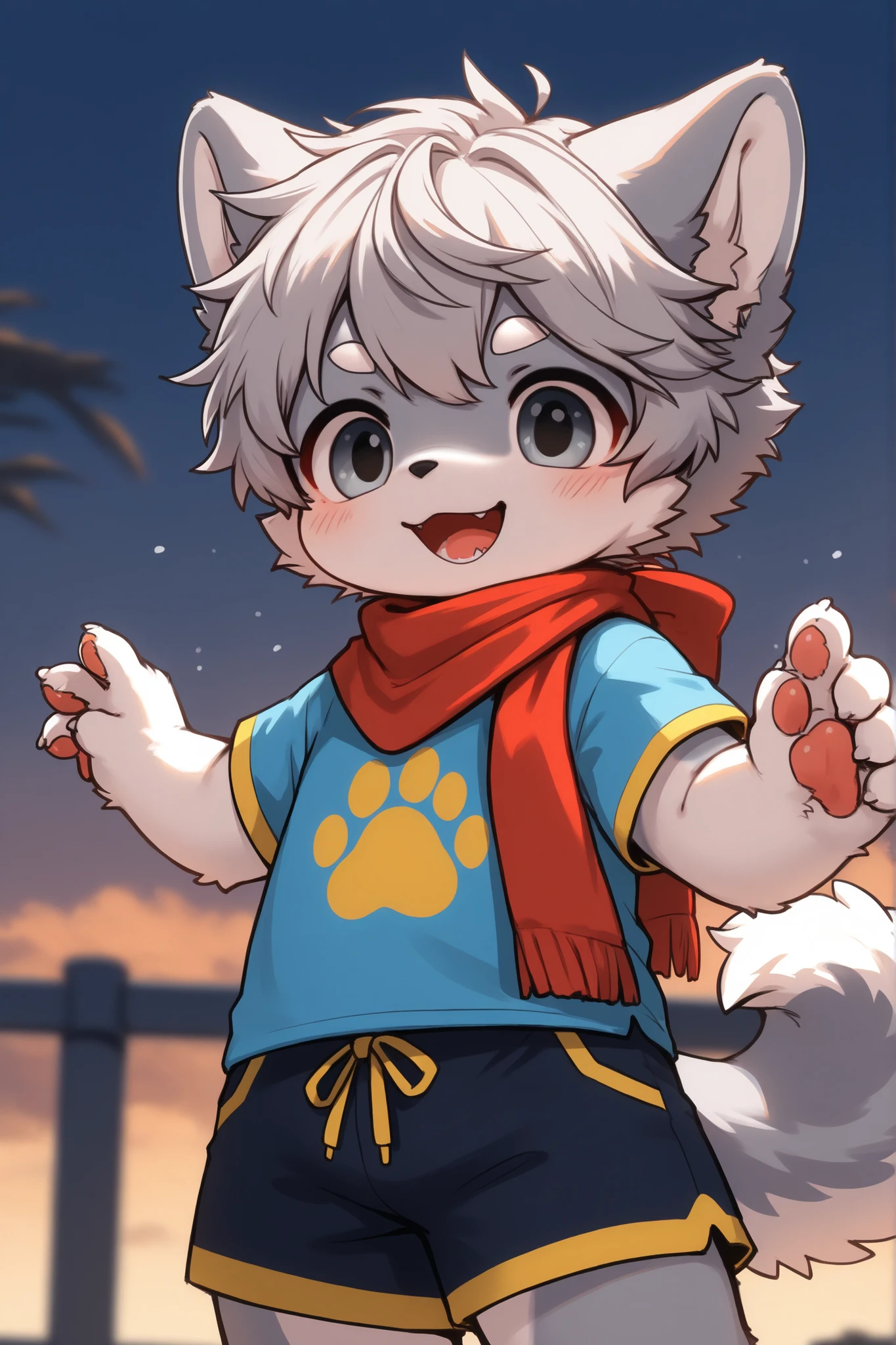 kemoshota, best quality,best resolution,(fluffy anthro furry :1.6),(young :1.6), dog , dachshund, albino white fur, nakedvy breath, plenty drool, dynamic angle, 6 year oldrpiece,cub,best resolution, white hair boy, ears, tail, pubic fur, sweating, full face blush, naked towel, Solo, k, blushes, look at camera, smile open mouth, standing on mouth, view from mountain, cloud fog background, sunrise time, tony tony chopper, beautiful contrast of light and dark, tiny small flaccid phimosis