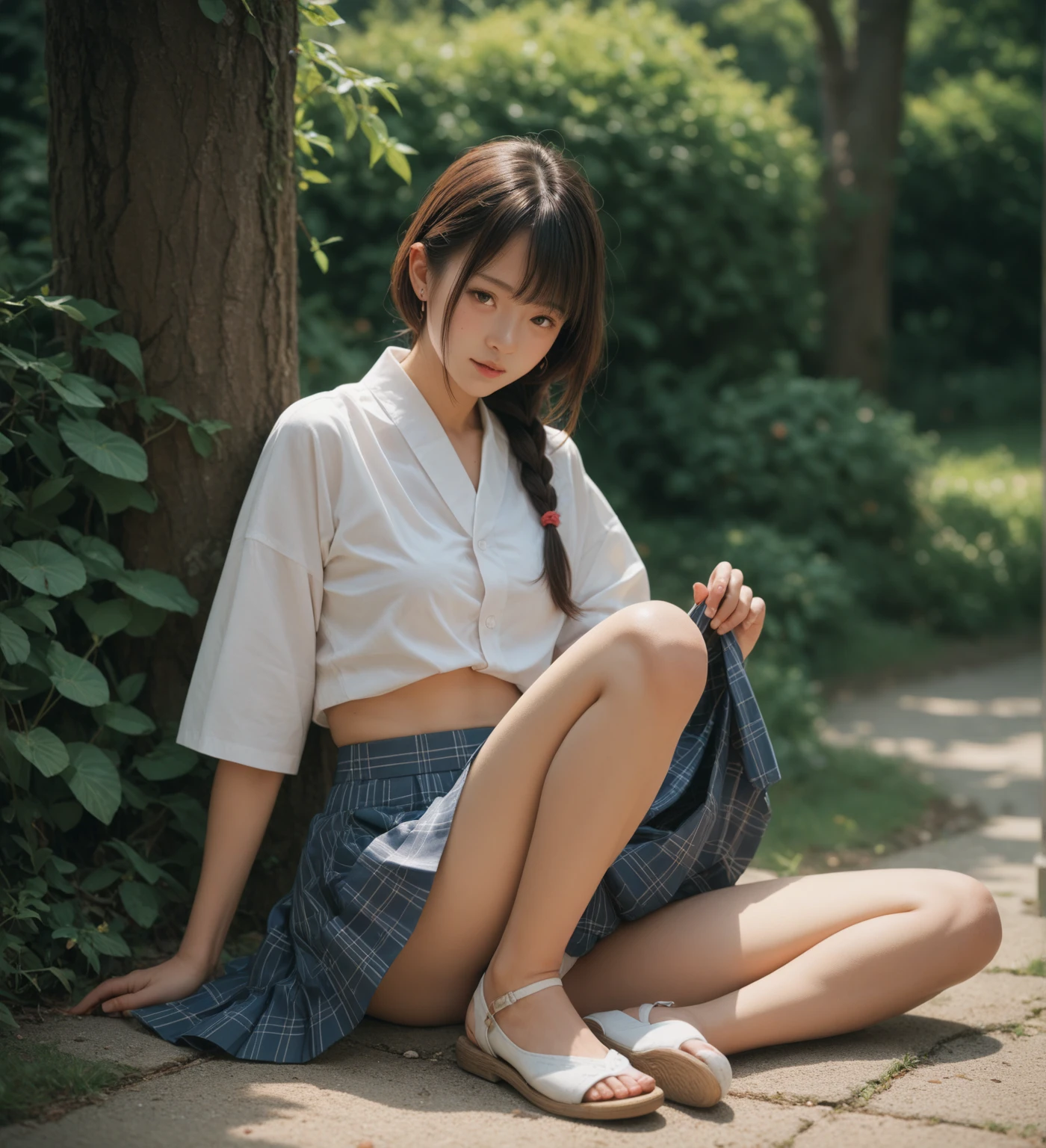 lixiaoyu,Squatting on the ground,Black skirt,Open your legs,White