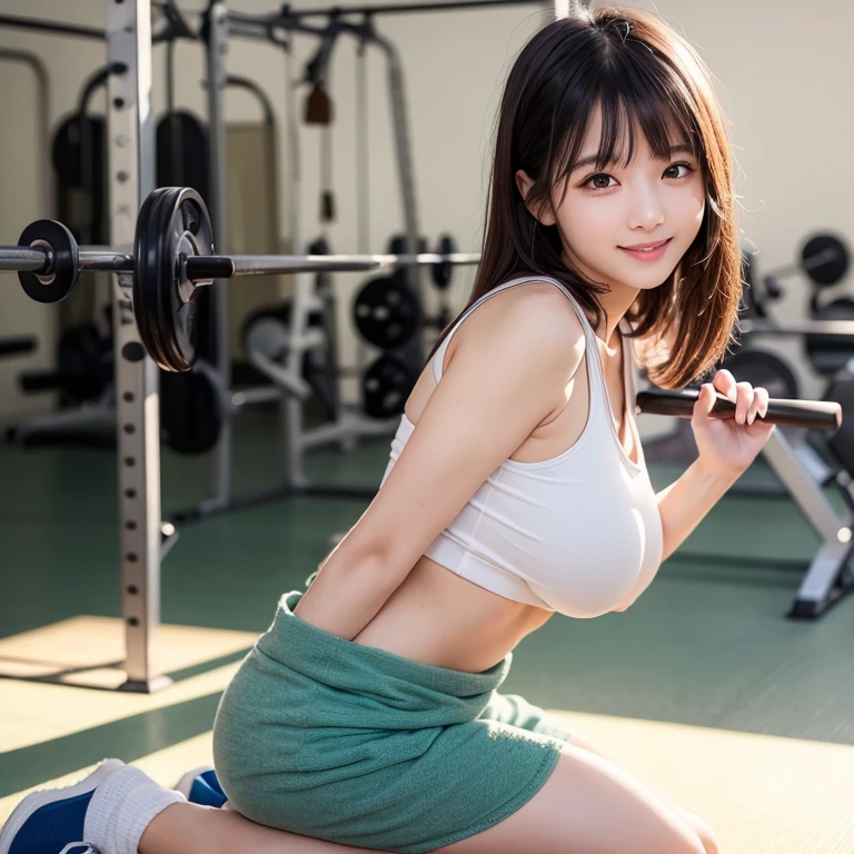 8K、超A high resolution、Best Quality、masuter piece、Photorealsitic、The ultra -The high-definition、(Pretty big、Pretty big breasts、Black-haired chignon:1.15)(black and orange thong lacing bloomers、track and field club、Track & Field Team Uniforms、espadrilles、Hide all breasts:1.25)(A Japanese Lady、Super cute、tanned brown skin、Always do squats:1.2)、athletic field