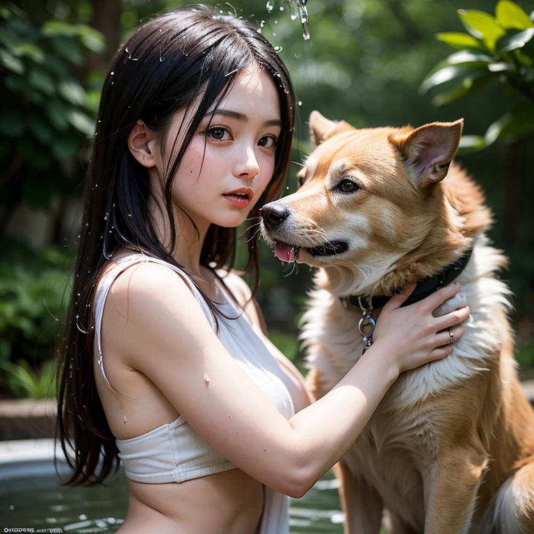 NSFW、(16 K、top-quality、​masterpiece:1.2)、(realisitic、Photorealsitic:1.3)、Phenomenally cute girl、14years、full body Esbian、(cammel toe)、female dog、(Female genitalia 1.1)、Small breasts、Fine and beautiful eyes、At the water's edge、Sweaty body