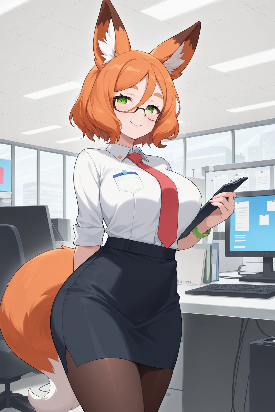 (huge breasts:1.4) (masterpiece) (high quality) (best quality) (1girl), (solo), (slim waist:1.3), (looking at viewer), office, fox ears, fox tail, black business skirt, stockings, closed white shirt, glasses, id card hanging on neck, head tilt, slight smile, full body portrait, orange hair, braided twintails, baby blue eyes, hands on hips,