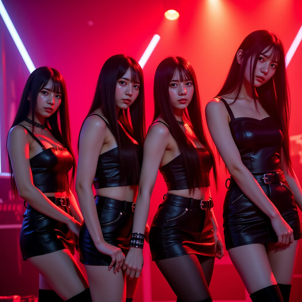 Kpop band BlackPink is performing at a Star Wars themed concert. BlackPink are dressed in sexy Star Wars themed costumes. BlackPink logo is behind them in neon lights.