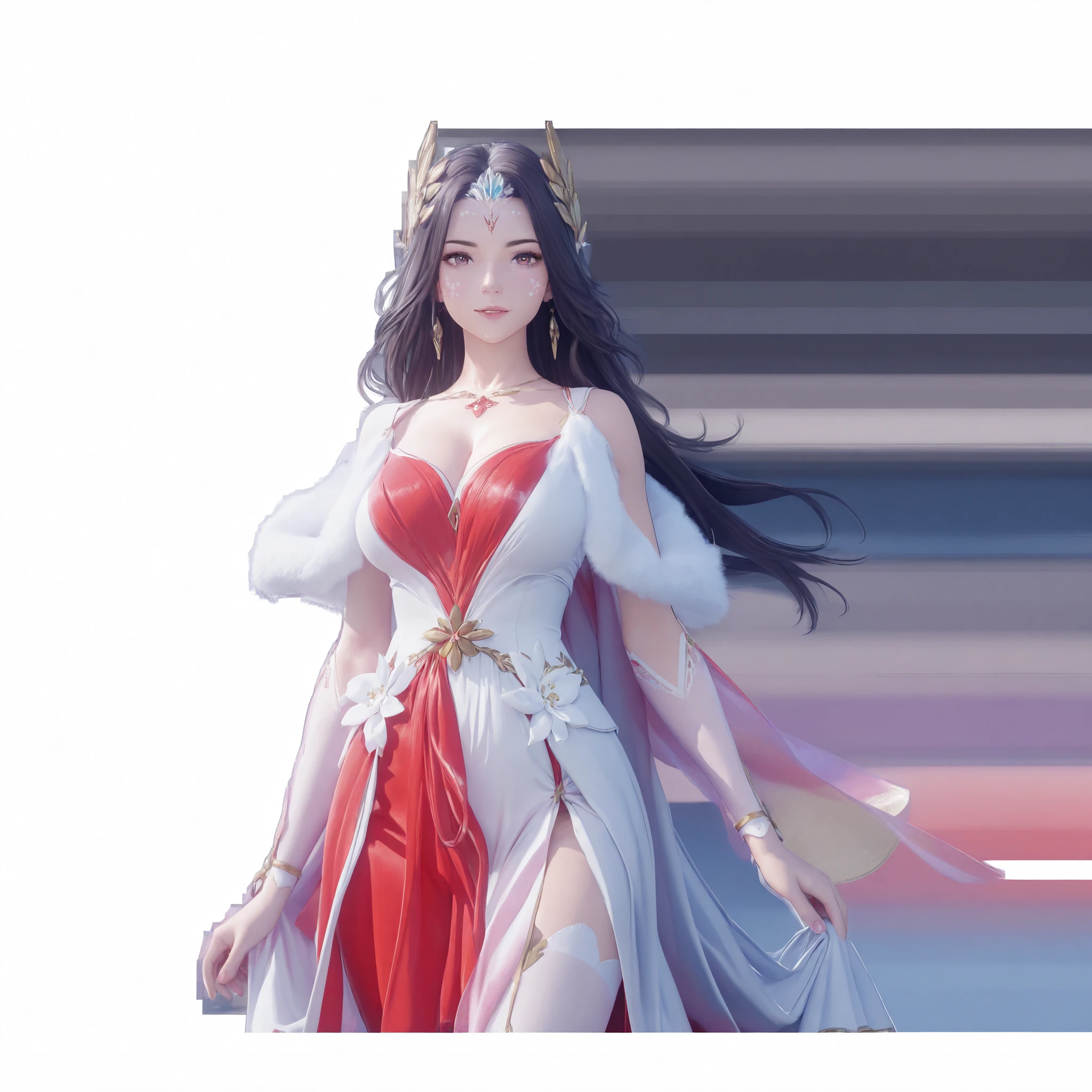Front view of a woman,Extra large cup, are perfectly detailed,has exquisite facial features, Clothes are exquisite ,forest background, Game Character Design ,3D Rendering
