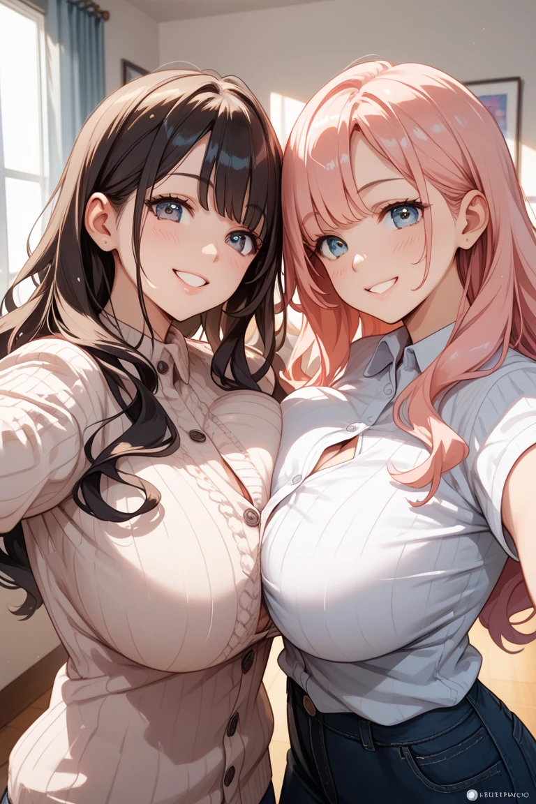 (best quality), (1girl with gigantic buttcrack:1.3) in a casual outfit at crowded classroom, people staring, polka dot pink panties, skinny waist, SFW, Realistic, masterpiece, Insanely hot standing (woman 1) Use something sexy ((School uniform))、(((Lifted skirt)), (fear expression), blushed face,woman grabbing woman 1 from behind,(((woman pressing her chest on woman 1 back))) And (((woman holding her waist behind her))), cleavage, white cum on boobs, bend over