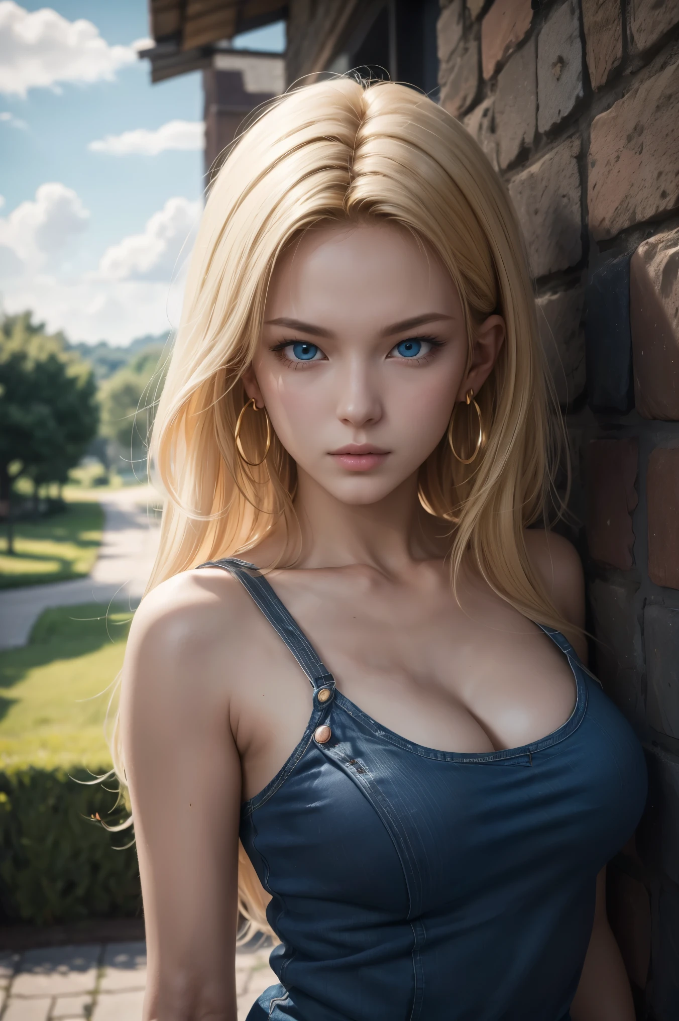 No.18,Dragon Ball Z,Dragon Ball Super,One-length hair,beautiful white blond hair,Shortcuts, beautiful blue eyes ,PINK LIPS,white skin,cool expression,black sleeveless,blue jeans per boy,Ultra HD,super quality,masterpiece,DSLRs that will end,photorealistic, Detailed Details,Vivid details,depicted in detail,Detailed face, Detailed Details,Super Details,Realistic Skin Texture, colorful candy room ,perfect anatomy,anatomically correct hands,anatomically correct finger,complex 3d rendering,big breasts,Gold ring earrings,nature,Beautiful spring scenery,Mysterious spring scenery,Beautiful Dusk,Hair fluttering in the breeze,Beautiful like a painting,takes pictures of Hirose's whole body,9 heads,