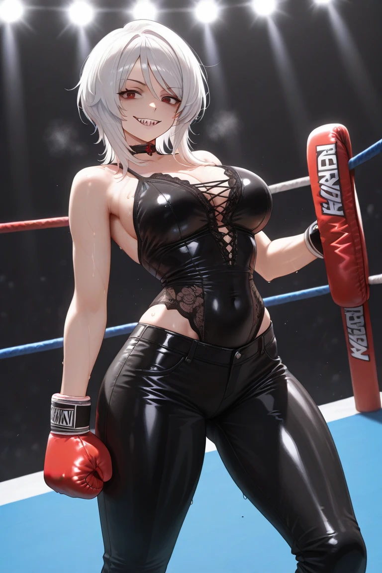 high quality,Mature beauty,White straight hair,Red Eyes,shy,blush,Wearing suspenders,Black stockings,High heel,Wearing boxing gloves,Cleavage,Large Breasts,Camel toe,Long legs,Thin waist,Vest line,Absolute Domain,Sexy pose,Cat ear