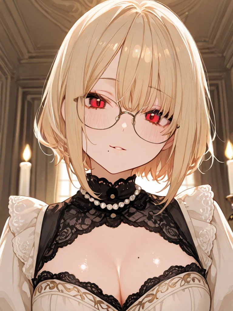 chubby girl, Blonde with green eyes, medium length hair, open forehead, round facial features, glasses with black square frames Ball gown, royal crown