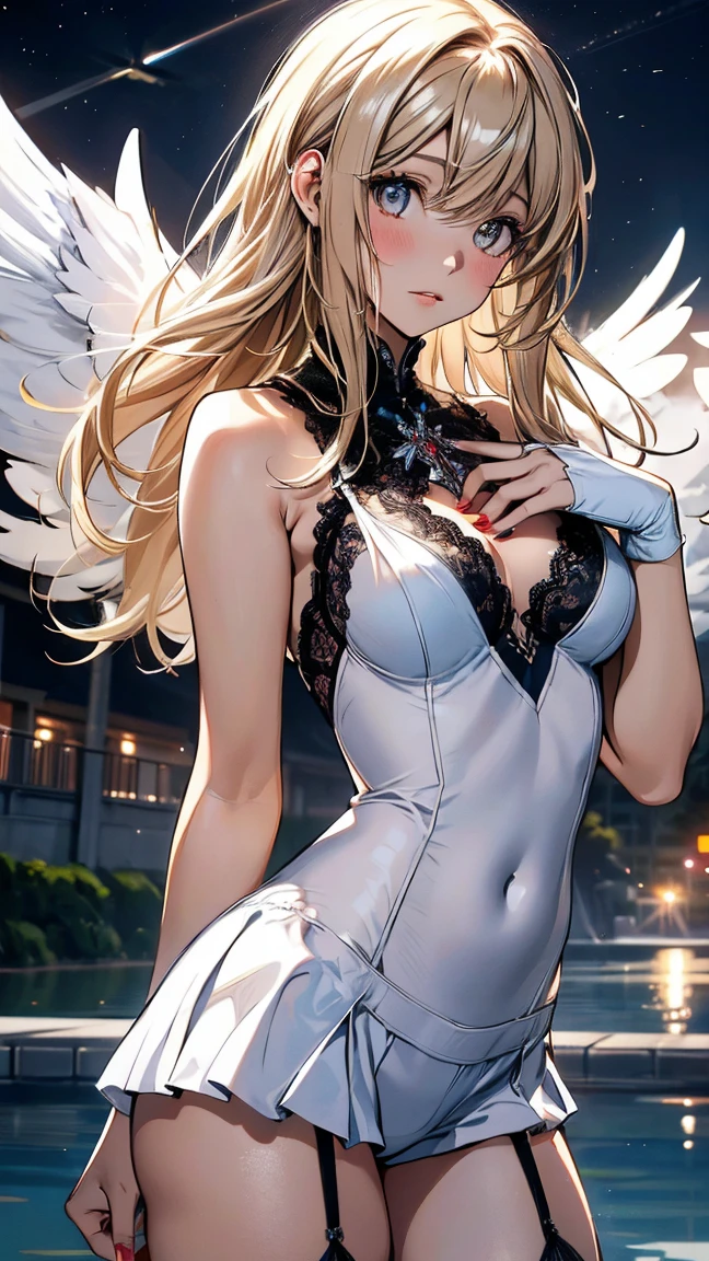 (superflat, masterpiece, flat shading, flat colors:1.1), Cinematic shot, Masterpiece, ((3 females, lesbian orgy, lesbian sex scene)), european, (3 beautiful females), standing female teacher with two girls on a leash, humiliating , golden halo, halo, (hands on neck, choking:1.3), (chained, tied, golden chain, chain around bodies , chained collar, handcuffs, bdsm, rough:1.4), leather gloves, leather, slim, angel wings, (cold light, cold blue tones), flat blue background, highly detailed, best quality, close, low_angle_human