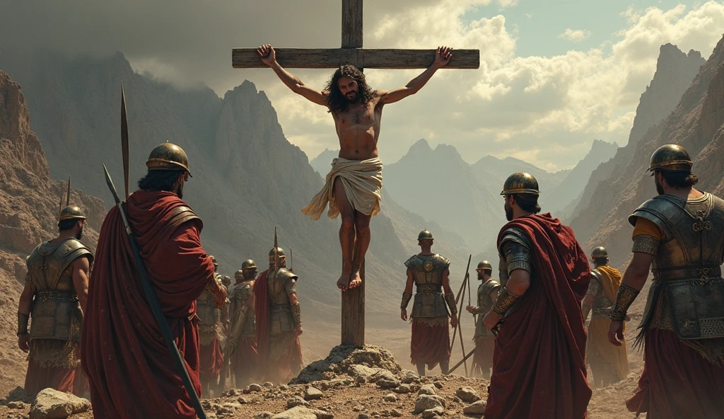 Three crosses, the one in the middle is Jesus with a sign saying King of Kings and he is nailed to the cross covered in blood, with several Roman soldiers looking on..