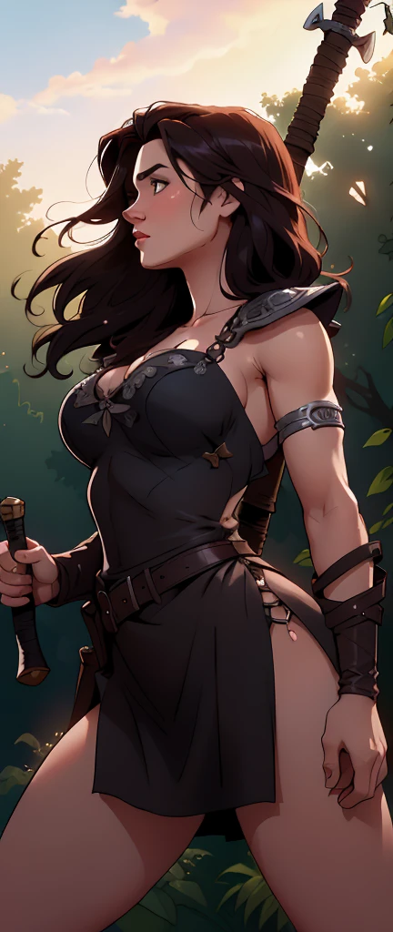 (masterpiece, top quality, best quality, official art, beautiful and aesthetic:1.2), (1girl:1.3), dark brown hair in a huge ponytail, extremely detailed, portrait, looking at viewer, solo, (full body:0.6), detailed background, close up, (hot summer coliseum theme:1.1), human gladiatrix, charlatan, mysterious, walking in forest, revealing bronze gladiator armor, spear and shield, metal bikini, topless, tits out, brown leather, cowl, cloak, bracers, armor, gauntlets, helmet, facemask, long boots, buckles, straps, light grey fabric, brown leather, gigantic breasts, cleavage, skindentation, slim waist, slim hips, long legs, medieval (coliseum arena exterior:1.1) background, dark mysterious lighting, shadows, magical atmosphere, dutch angle, (((balsamique)))