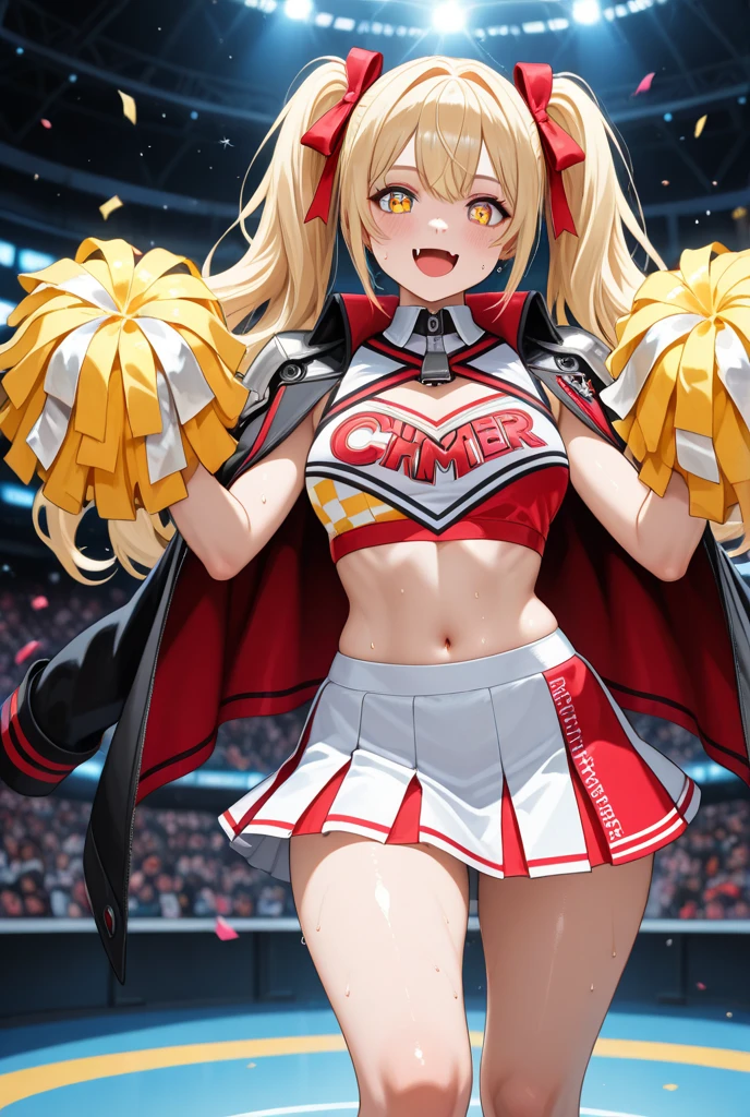 cheerleader // alone woman // big boobs // red outfit // magic girl with fire magic // long blonde hair // red eyes // fire magic
