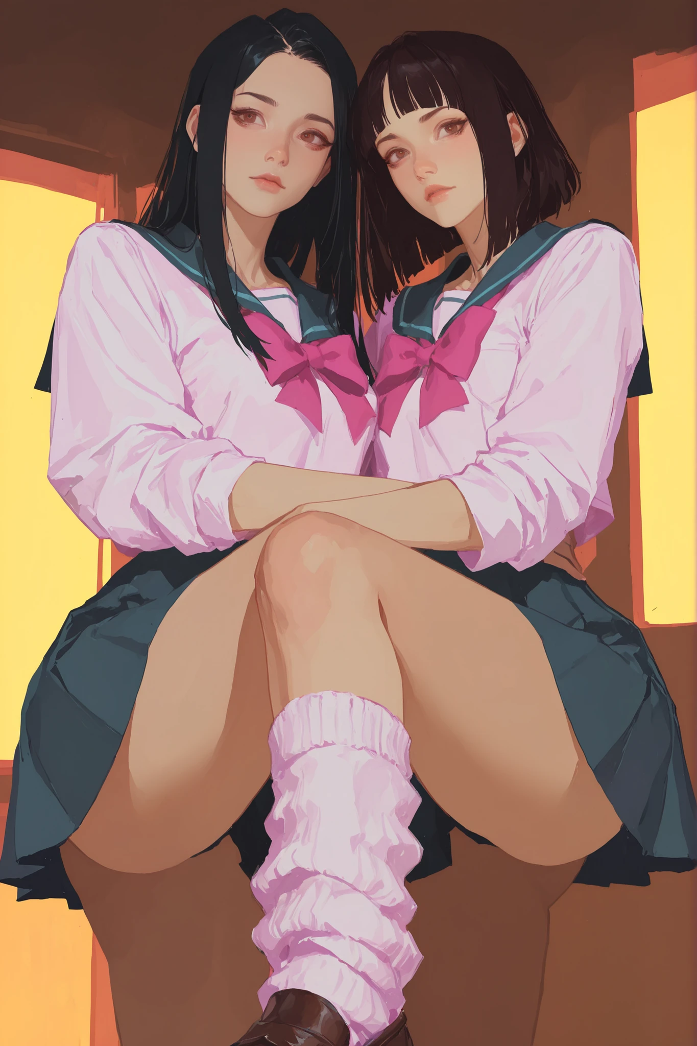 Highest quality, Ultra-high resolution, (Realistic: )2D official style cel animation,((２Girls sitting in a row))high school girl、Twin tails、ponytail、White Big Ribbon、Glasses、Blue Check Mini Skirt,Summer Shirts,Unbutton、(Lace panties、Lace bra),loose socks,sneakers,Full body portrait,(From below),Station stairs,sunny,Spread your legs、from the front、blush、