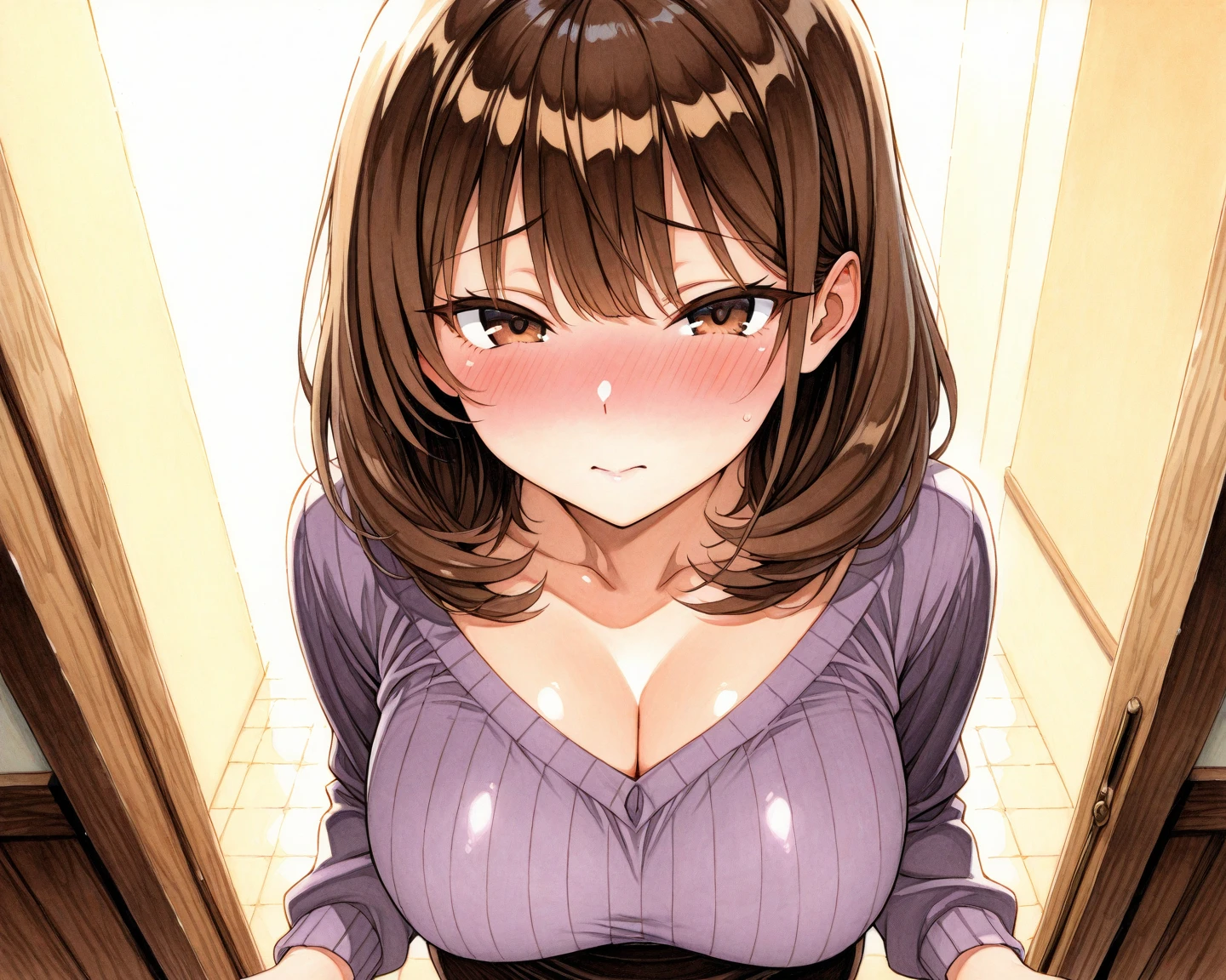 Nurse, MILF, Pink Uniform, tight, brown hair, brunette, Ahegao, cleavage.
