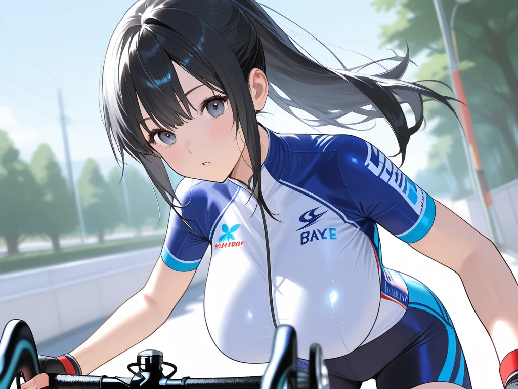 black hair, long hair, Purple eyes,, large breasts,. solo, , 1girl, solo, large breasts., crying , nipple, Expressway, Riding a bike