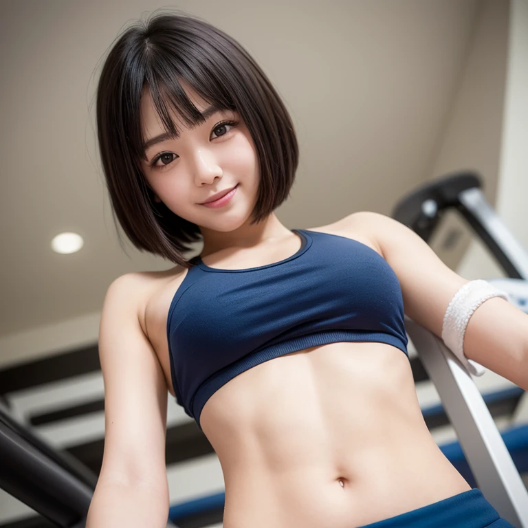 (Solo), (a detailed full-body RAW photo of a girl), (masutepiece:1.0), (Best Quality:1.4), (超A high resolution:1.2), (Photorealistic:1.4), 8K resolution, Canon EOS R5, 50 millimeters, absurderes, ultra-detailliert, (25-years old), Nipple Focus, Cinematic lighting, Detailed beautiful face, (no-makeup:1.2), (ulzzang -6500-v1.1), petite figure, Detailed skin texture, (flat chest:1.4), (skinny and fit body:1.6), Detailed brown hair, sweltering,(Very short hair:1.5), See Through wear, (Blue and gray Thin Competition Athletic Wear:1.5), More transparent titts, low rise, realistic glistening skin, Detailed texture, (No bra:1.5), stylish pose, (nude:0.2), Very small, Cameltoe, well-developed abs,