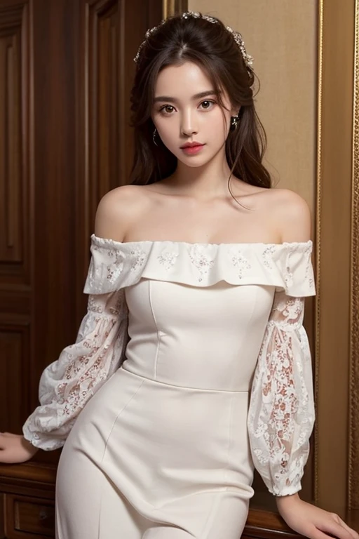 ((best quality)), ((Masterpiece)), (details), 1 girl,brown hair,Wearing a white dress.,big breasts,beautiful