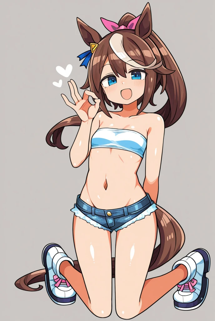 Very detailed photo of a girl with brown hair., medium ass and thick thighs wearing shorts with white t-shirt and black vest, The girl takes off her shorts and shows a close-up of her naked wet vagina