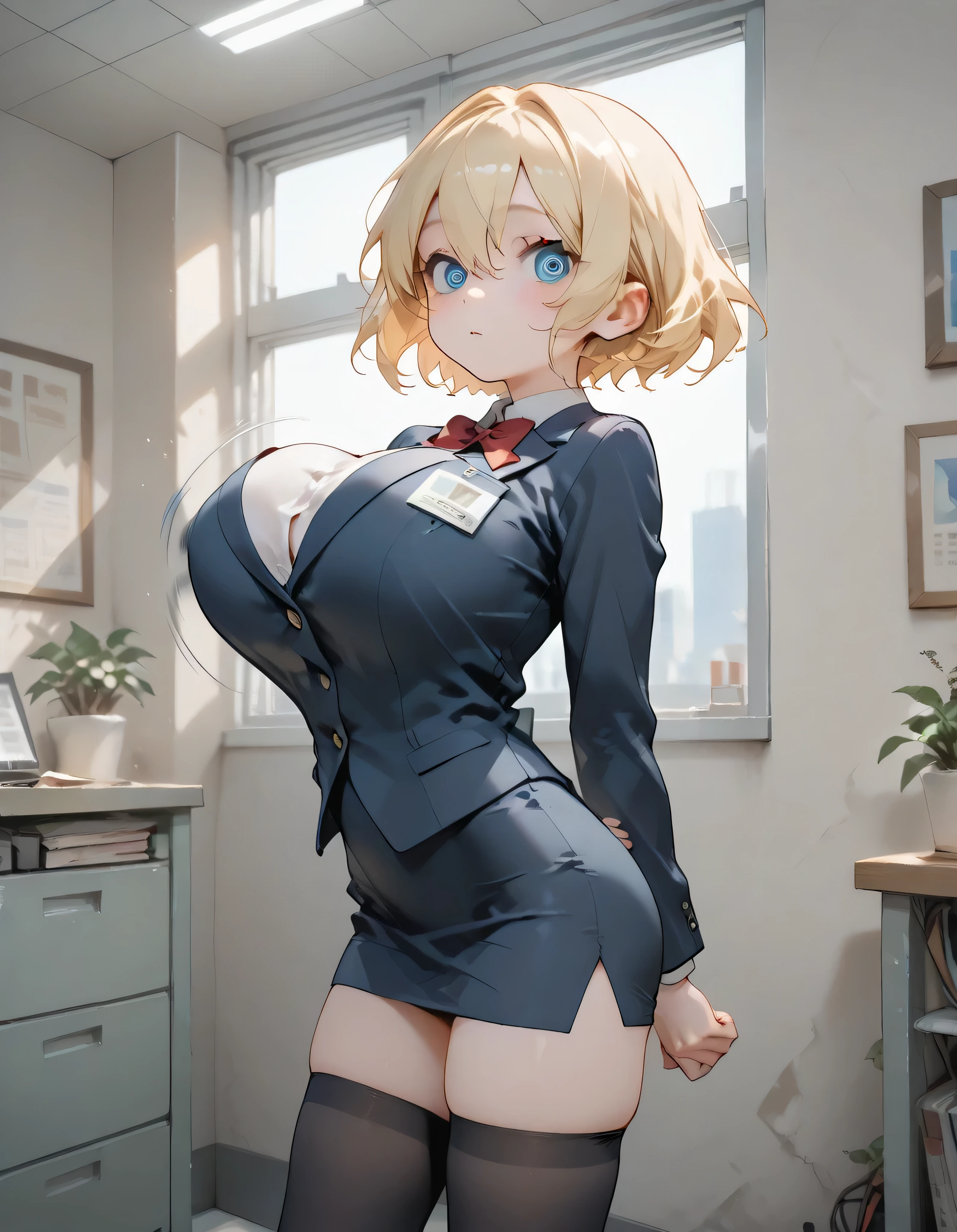 very small female, BREAK, solo, 1 skinny girl standing, (very perite girl), (very small girl:1.2), large eyes, detailed eyes, (disproportionately huge breasts), (too short torso), (too short waist), too narrow waist, skinny legs, BREAK, looking at viewer, arched back, arms behind back, bouncing breasts, BREAK, tight-fit black blazer, tight pencil skirt, black thighhighs, BREAK, glass-walled office room, skyscrapers in distance