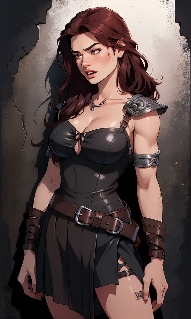 Dnd fantasy character, barbarian sorceress, pale skin, female vampire, dark hair, short square hair . Fur trim. Axe. smile. Lightning sparks over her arms and hands.