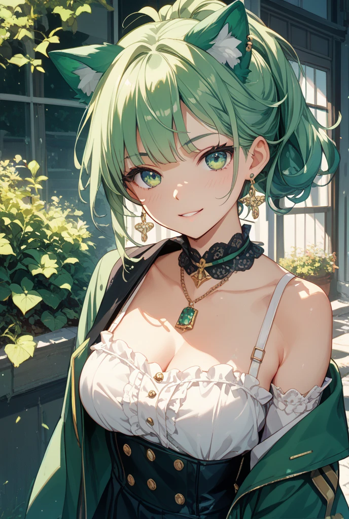 ((best quality)), ((masterpiece)), (detailed), perfect face, (best quality), (detailed skin:1.3), (intricate details), party, ball gown, ((green dress)), plunging neckline, green emerald necklace, earrings, bewitching smile, (short hair, blue hair), terrace seats at night