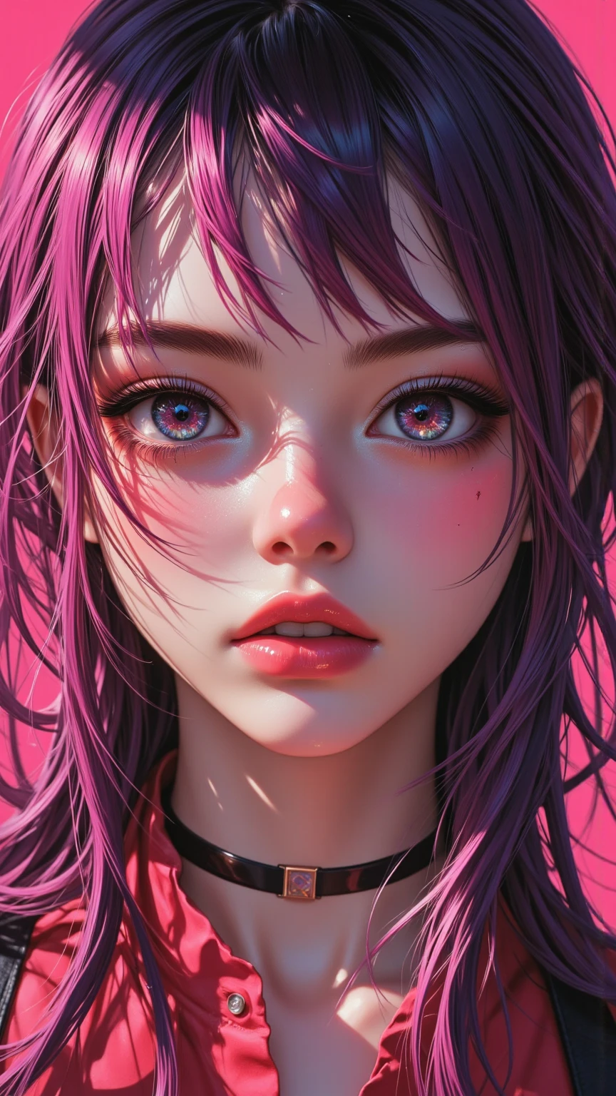 happy girl, centered, looking at the camera, approaching perfection, dynamic, (shades of purple and ((red)))), highly detailed, digital painting, art station, concept art, smooth, sharp focus, illustration, art by Carne Griffiths and Wadim Kashin, detailed face, 4k