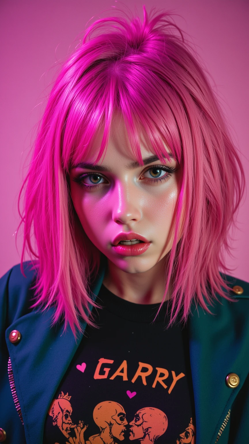 High Quality、High Resolution、meticulous眼睛、meticulous、masterpiece、Best quality、absurd、8k、HDR、Face Focus、solo、
1girl, woman, Messy Hair, Anger,
Trash Rock,retro,pop art,
Medium shot,
pinkretroanime,retro藝術