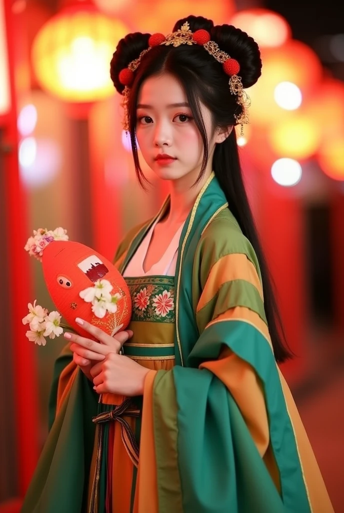 (top-quality、masterpiece:1.2)、Best Quality、realisitic、photoshot、hight resolution、1080p、8K、Textured skin、Physical Rendering、1 Japan Girls、a junior high school student、kawaii、Young Face、Rolled hair、(Traditional Chinese Dresses:1.5)、Chinese court、full of shyness、smil、Big