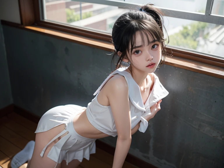 
(masterpiece, highest quality:1.4), Award-winning portraits, 8K, 85mm, alone, Beautiful Face, Delicate girl, Biolaces, Gardenia, grace, Sophisticated, cute, , Watching the audience, 15 yw photo, Disorganized, HDR, Sharp focus, A bow tie, Background bokeh、(((flat 、thin and delicate body、A childish atmosphere、naked、Full Body)))、Her shiny semi-long hair is tied up、Hair swaying in the wind、Mole on the left cheek、large, round, dark blue eyes、Full Body、Sitting on the floor、Junior idol、Nogizaka Idol、Mole under the eye、sexy、((basement、Embarrassing appearance、anxious look))、