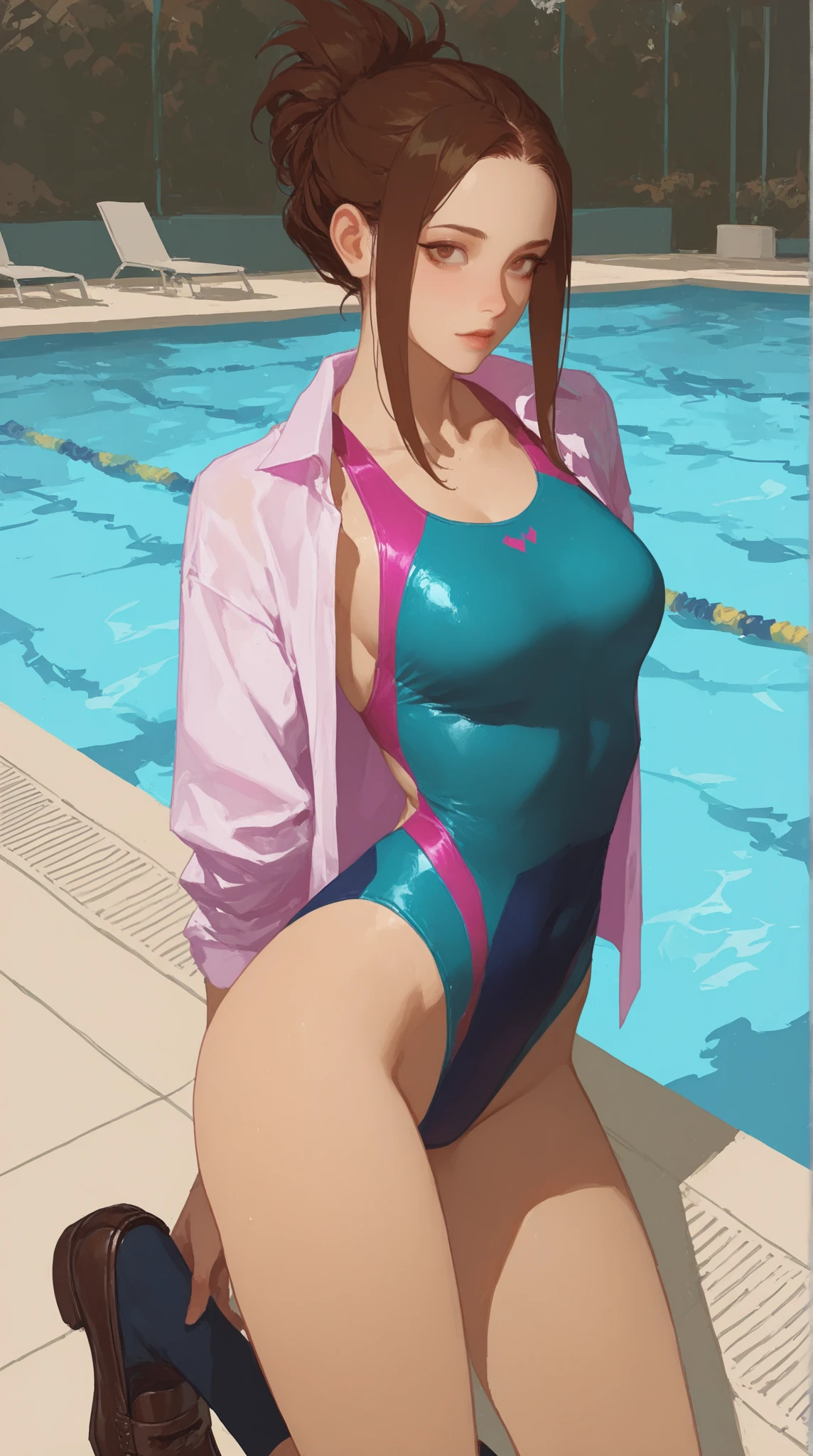 low angle shot，shoot down and up。sit down and spread your legs，Emphasis on the crotch。Contemptuous eyes and firm expression (Glamorous photo of a dedicated female swimmer，She is wearing a purple competition swimsuit。), (Strong expression and commitment to excellence:1.2), Inspired by fierce competition,(((milf)))