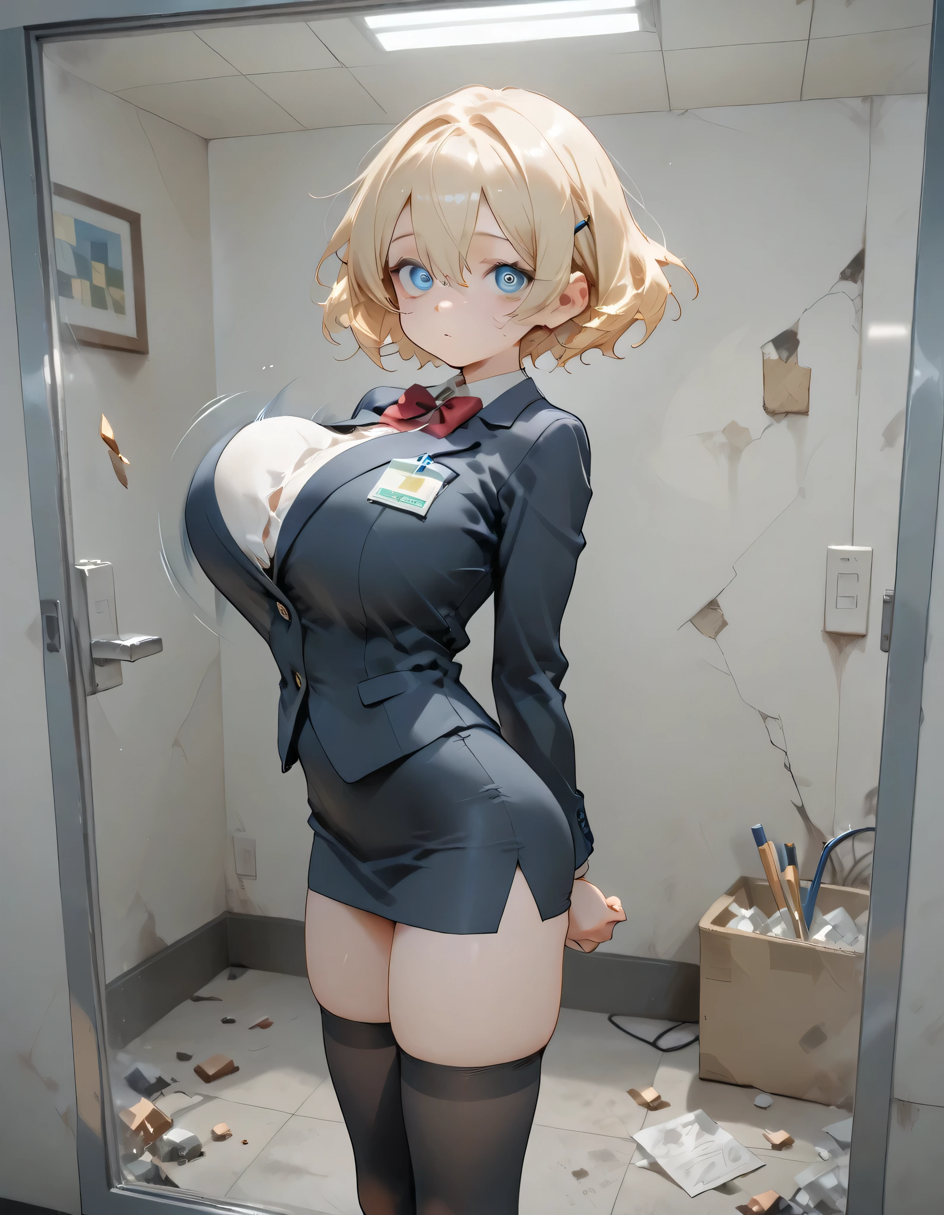 very small female, BREAK, solo, 1 skinny girl standing, (very perite girl), (very small girl:1.2), large eyes, detailed eyes, (disproportionately huge breasts), (too short torso), (too short waist), too narrow waist, skinny legs, BREAK, looking at viewer, arched back, arms behind back, bouncing breasts, BREAK, tight-fit black blazer, tight pencil skirt, black thighhighs, BREAK, glass-walled office room, skyscrapers in distance