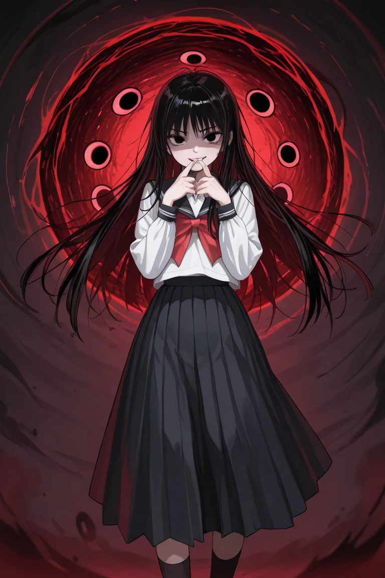 Illustration, masterpiece, Onryo, gothic clothes, long hair, short sleeves, standing, eyes radiating madness, red eyes, black hair, Dark Matter, Diabolic forces, Gothic terror, blood, pallor, insane details, intricate details, hyperdetailed <lora:add_detail:1> <lora:TheOnryo-09:0.7><lora:[LoHa] Longan竜眼 Style (With multires noise version):1.0>