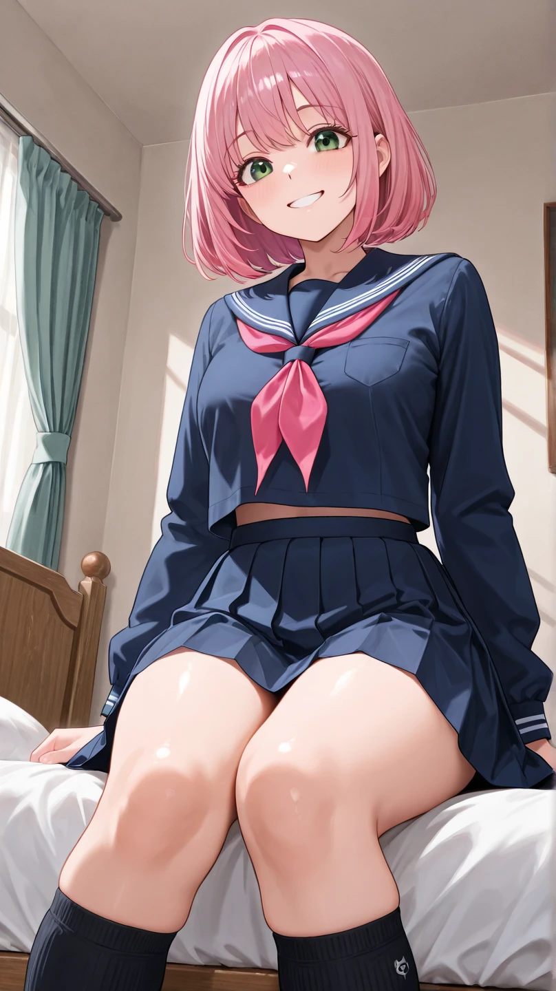 8K,highest quality,masterpiece, highest quality, High resolution, side ponytail, hoshimachi suisei, small breasts,small nipples, Keep your lips open、the girl is sitting on the bed、 grinning smile、perfect proportions、((in her room))、((kick the vein penis))、(彼女は男をkick), (((she hits her knees))), ((1 boy)), (man falling down)、((vein penis)), (((Chastity Cage))), ((cum on feet)), Semen comes out of the vein penis, ( vein penis on her leg), kick、raise your knees、((kick vein penis))、