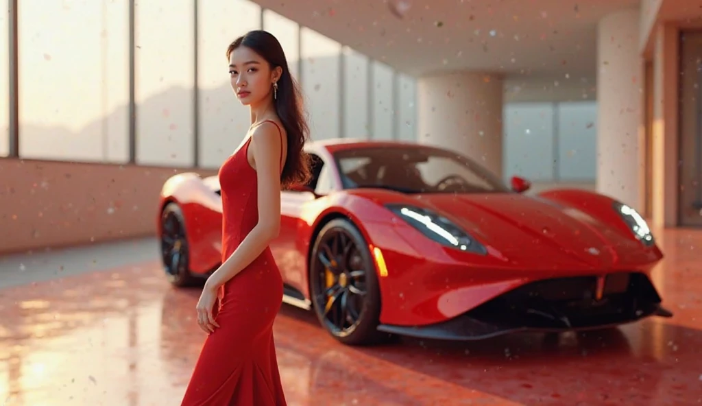 Dubai Millionaire, super car, rich people , Beautiful, attracting all eyes, smile a little, At night the sky is dark., Red sparkling glitter dress, Aarav Theme Set, Chest 34 inches, Medium bust, Rich people&#39;s fashion, short hair