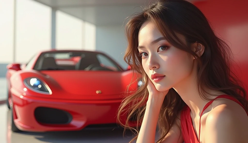 Very high quality digital photography, realistic and very detailed in 4k, A portrait photo of a girl lying on the roof of a red Ferrari F40.. Torn clothes (transparent red dress) exposing body, bare shoulders, provocative pose, fur rizados, medium breasts, sensual, Hyper realistic, hyperrealism, 8k, cinematic lighting, greg rutkowski, Oh!, (F1.8 close focus bokeh). (riocam), (Unfiltered), (do not censor)