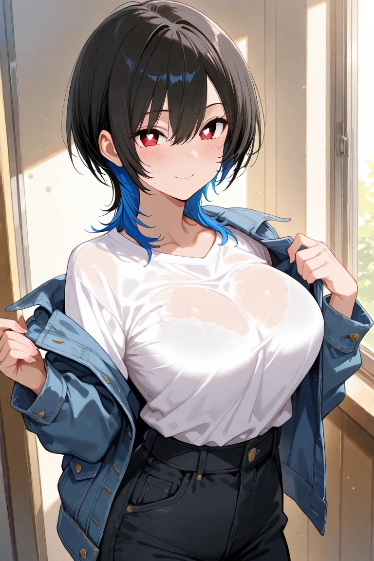 Masterpiece,8k, perfect face highly detailed,HDR, ultra realistic photoshoot, absurdres,award winning photo, extremely detailed, amazing, fine detail, 
KazAsuka, Japanese woman, blue crop top, big breasts, denim jacket and minishorts, short black hair, MMA gloves, posing for a picture, in the streets of Osaka